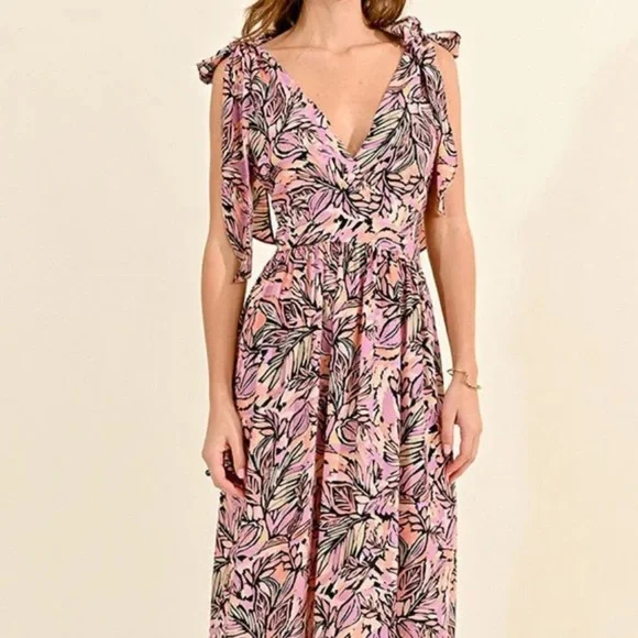 NWOT Molly Bracken Pink Palm Print Tie Sleeve Deep V-Neck Maxi Dress Size Small - Picture 7 of 14